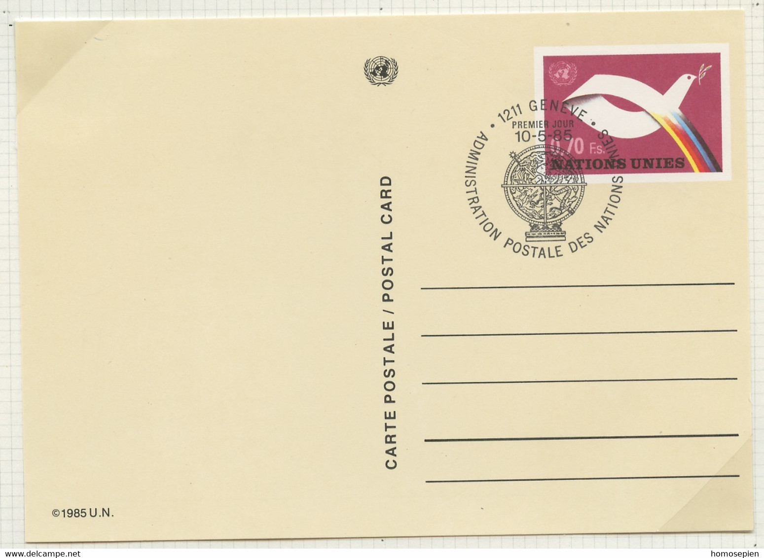 NU Genève - Vereinte Nationen Entier Postal 1985 Y&T N°EP1985-02 - Michel N°GZS1985-02 (o) - 70c Colombe De La Paix - Lettres & Documents