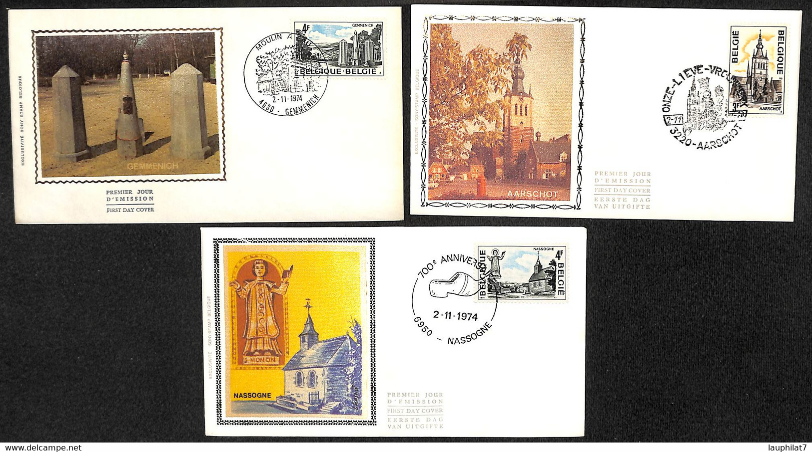 [910707]TB//-c:6e-Belgique 1974 - N° 1734/36, 4680 GEMMENICH, 3220 AARSCHOT, 6950 NASSOGNE, FDC Soie, Vacances & Tourism - 1971-1980