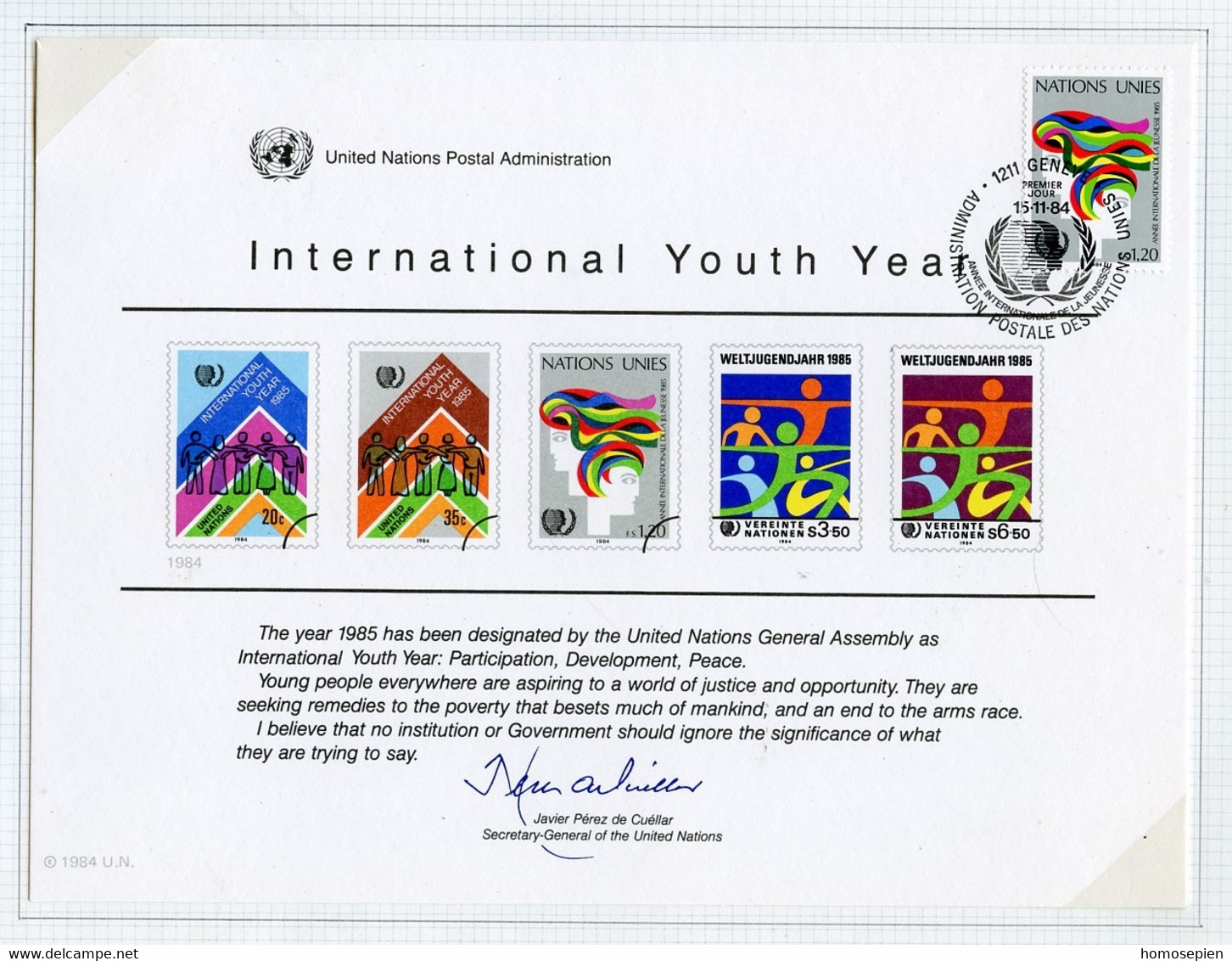 NU Genève - Vereinte Nationen CM 1984 Y&T N°126 - Michel N°126 - 1,20f Année De La Jeunesse - Maximumkaarten