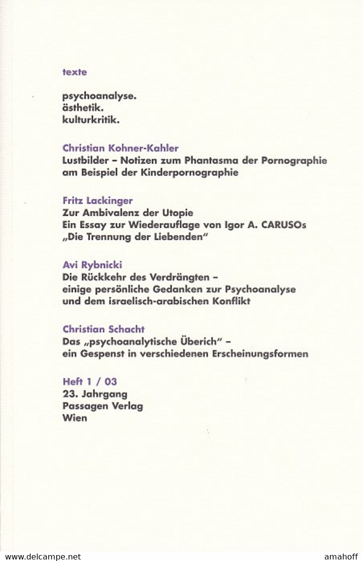 Texte. Psychoanalyse. ästhetik. Kulturkritik. Heft 1. - Psychologie