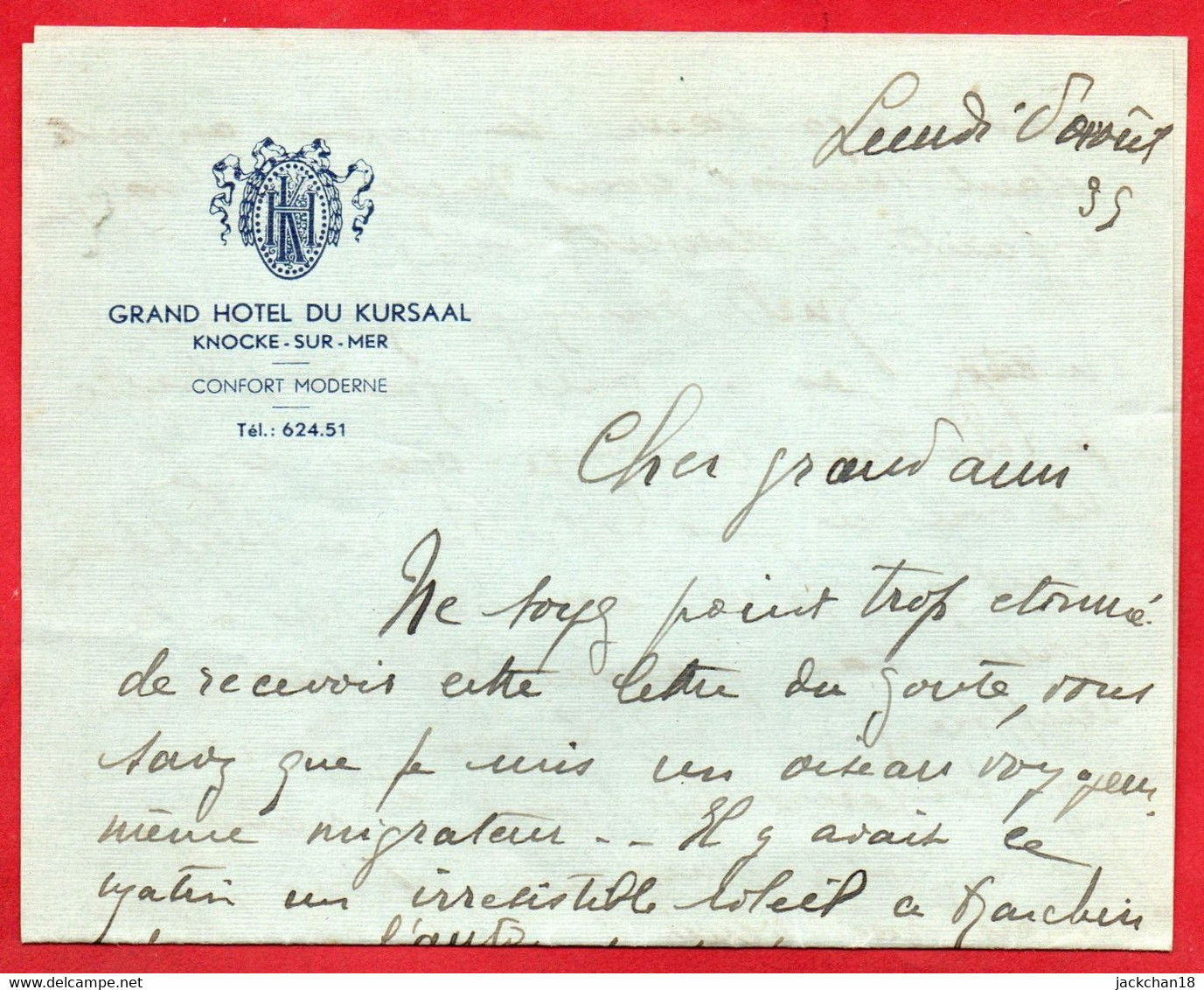 -- LETTRE à ENTÊTE  / GRAND HÔTEL DU KURSAAL / KNOCKE Sur MER / Confort Moderne -- - Sport En Toerisme