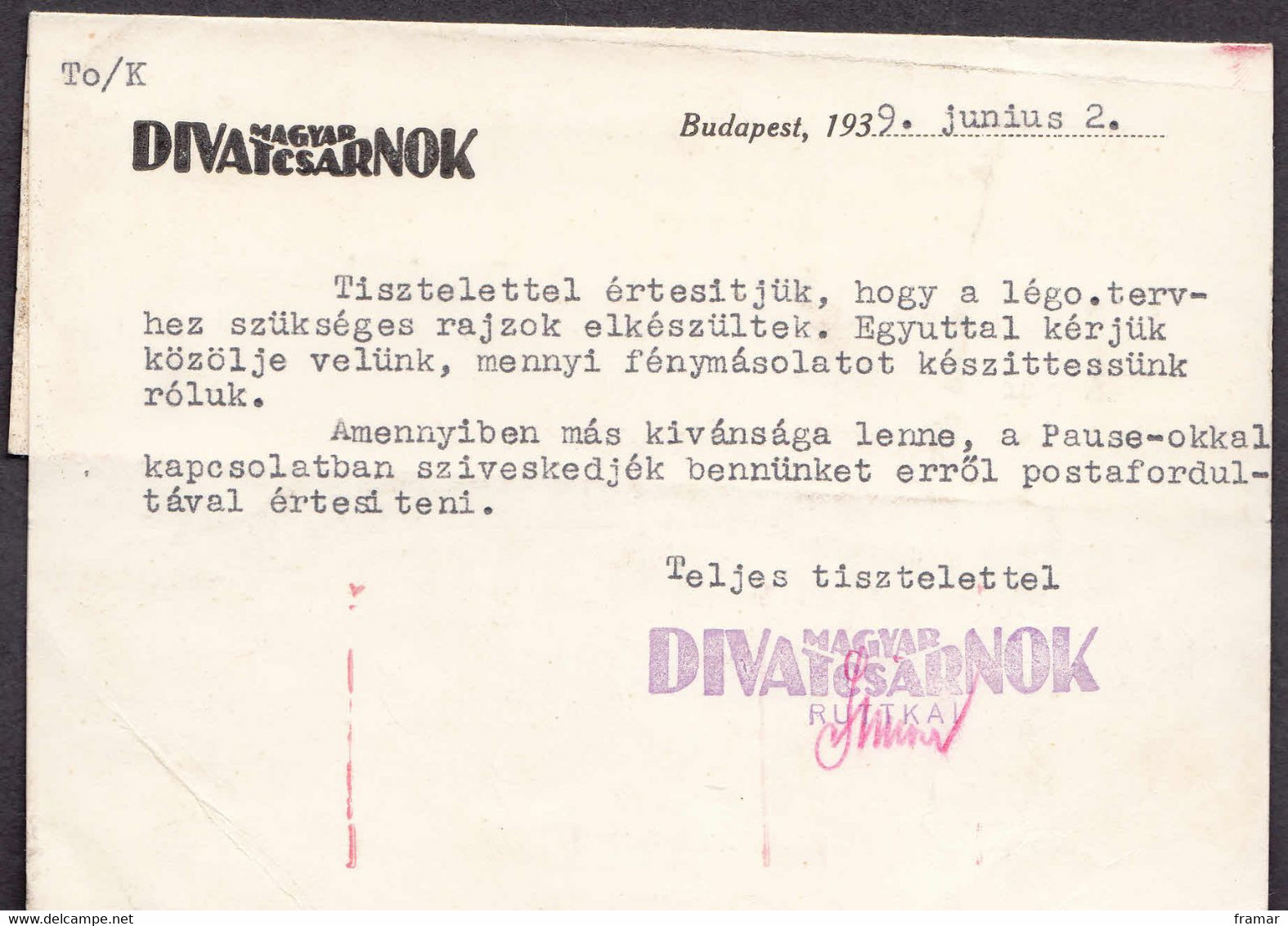Hongrie - 1939 - EMA Magasin Divatcsarnok - Publicité - Werbung - Advert Musique - Grand Magasin De Mode - Poststempel (Marcophilie)