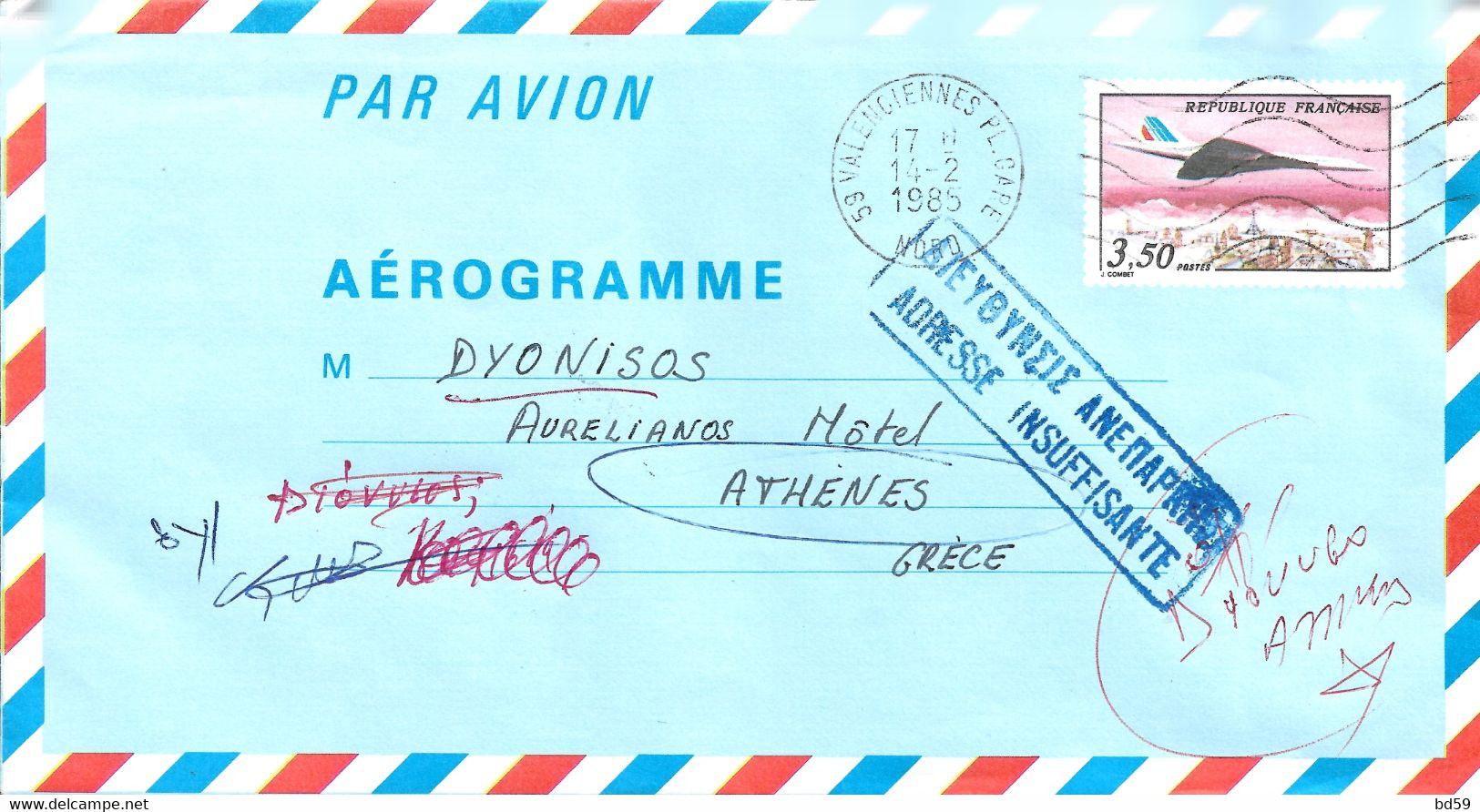 AEROGRAMME N° YT 1012 CONCORDE Pour ATHENES - Aerogramme