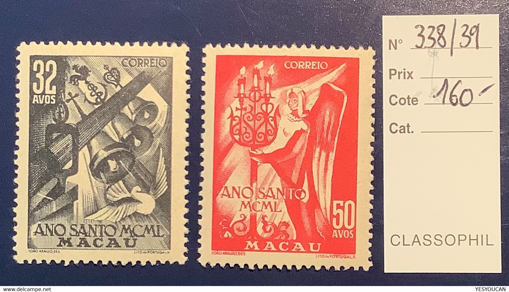Macao 1950 “Ano Santo” Set XF MNH ** Fresh Yv338-339 (Church Bells Dove Angel Macau China Chine Religion Coq Chandelier - Unused Stamps