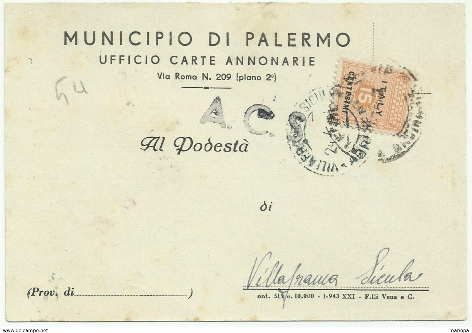 AMGOT - SICILIA - N.1  15cent - Occup. Anglo-americana: Sicilia