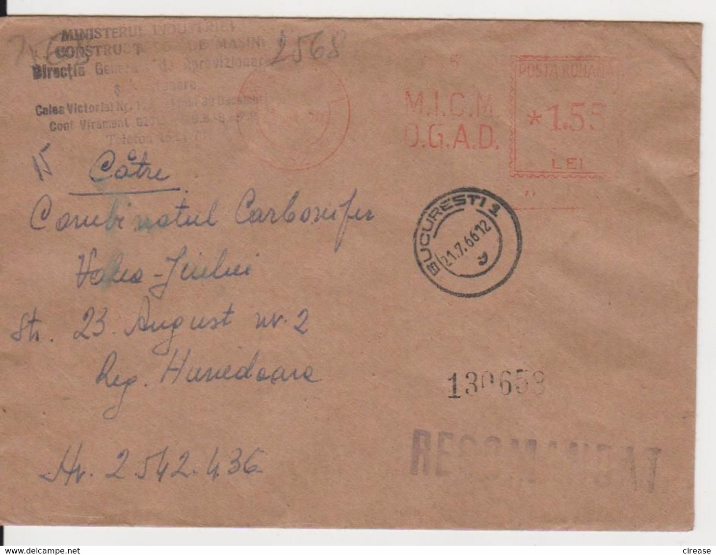 PLANT M.I.C.M. D.G.A.D. RED MACHINE STAMPS AMOUNT 1,55 LEI BUCURESTI  ROMANIA 1966 - Macchine Per Obliterare (EMA)