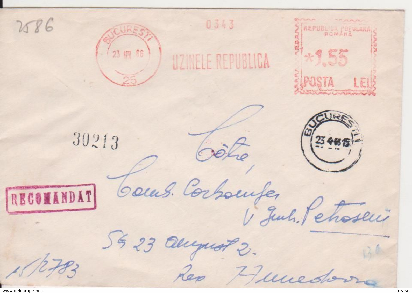 PLANT REPUBLICA RED MACHINE STAMPS AMOUNT 1,55 LEI BUCURESTI  ROMANIA 1966 - Máquinas Franqueo (EMA)