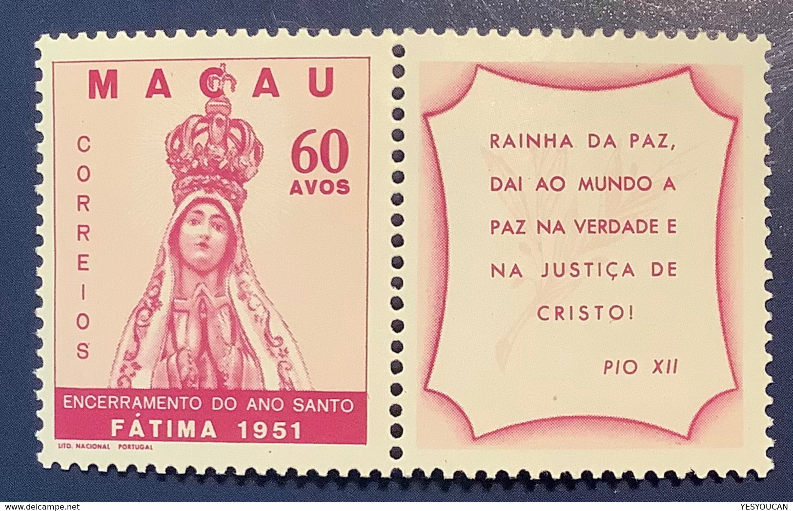 Macao 1951 “Ano Santo Fatima 60 Avos” VF Fresh MNH ** Yv344 (Macau China Chine Religion Holy Year - Neufs