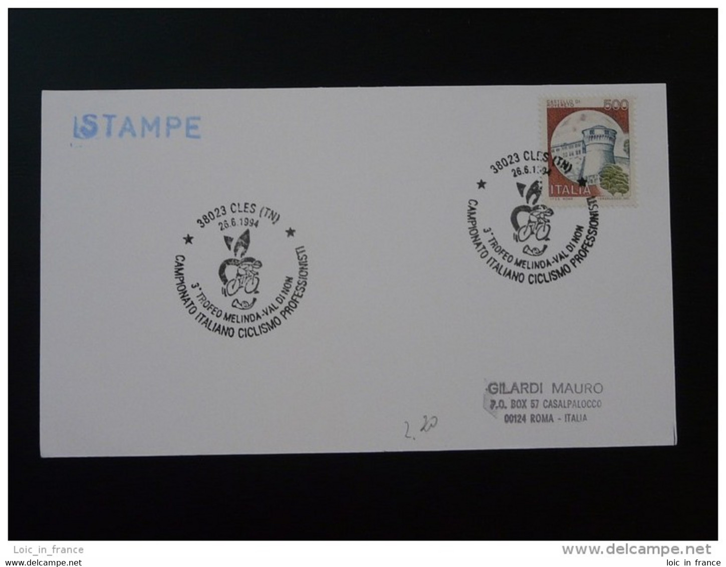 Cyclisme Cycling Championnat Cles 1994 Obliteration Postmark Italie Italy Italia - Ciclismo