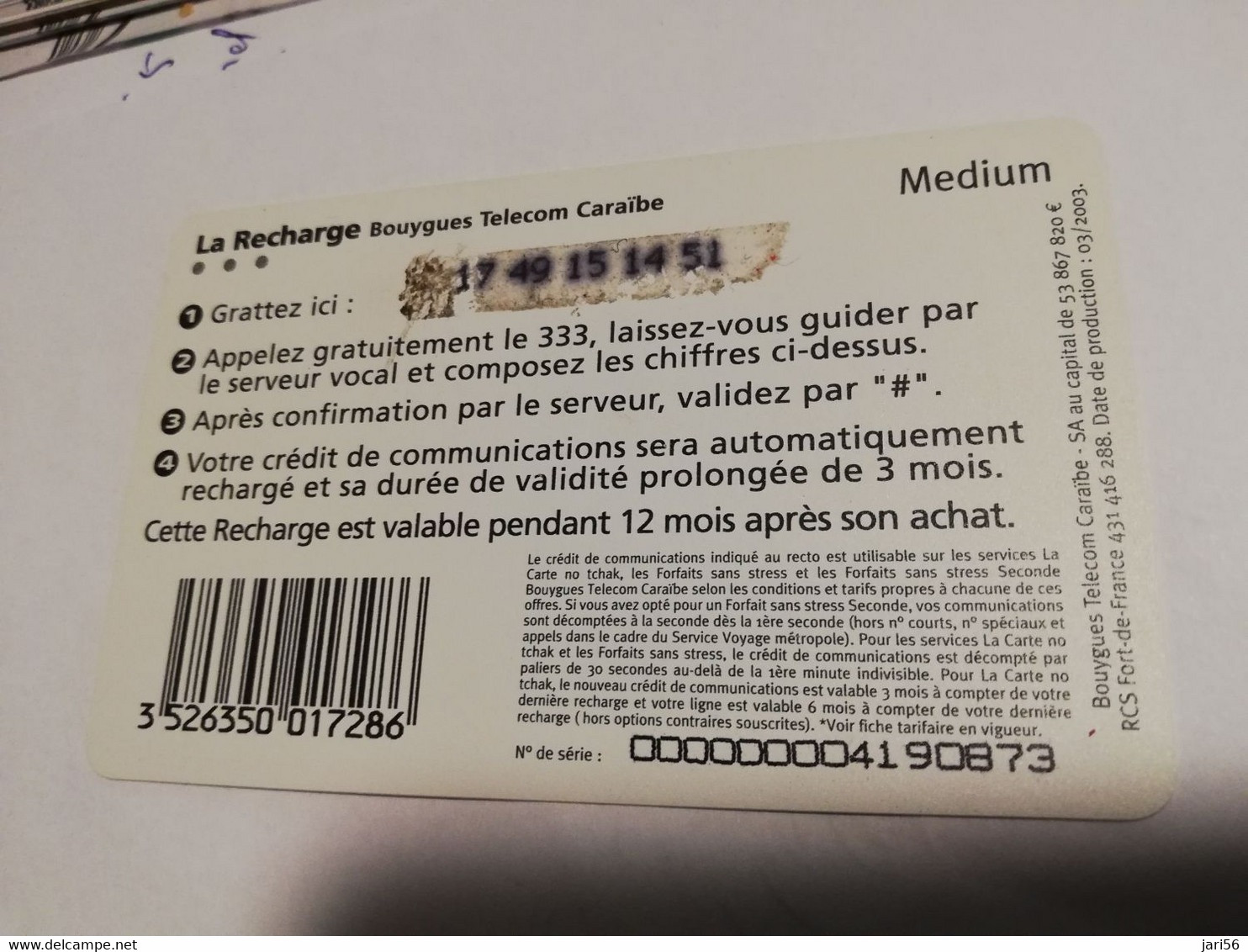 Caribbean Phonecard St Martin French Caribbean ANTILLES FRANCAISES RECHARGE BOUYGUES  20 EURO   **6683 ** - Antillen (Französische)