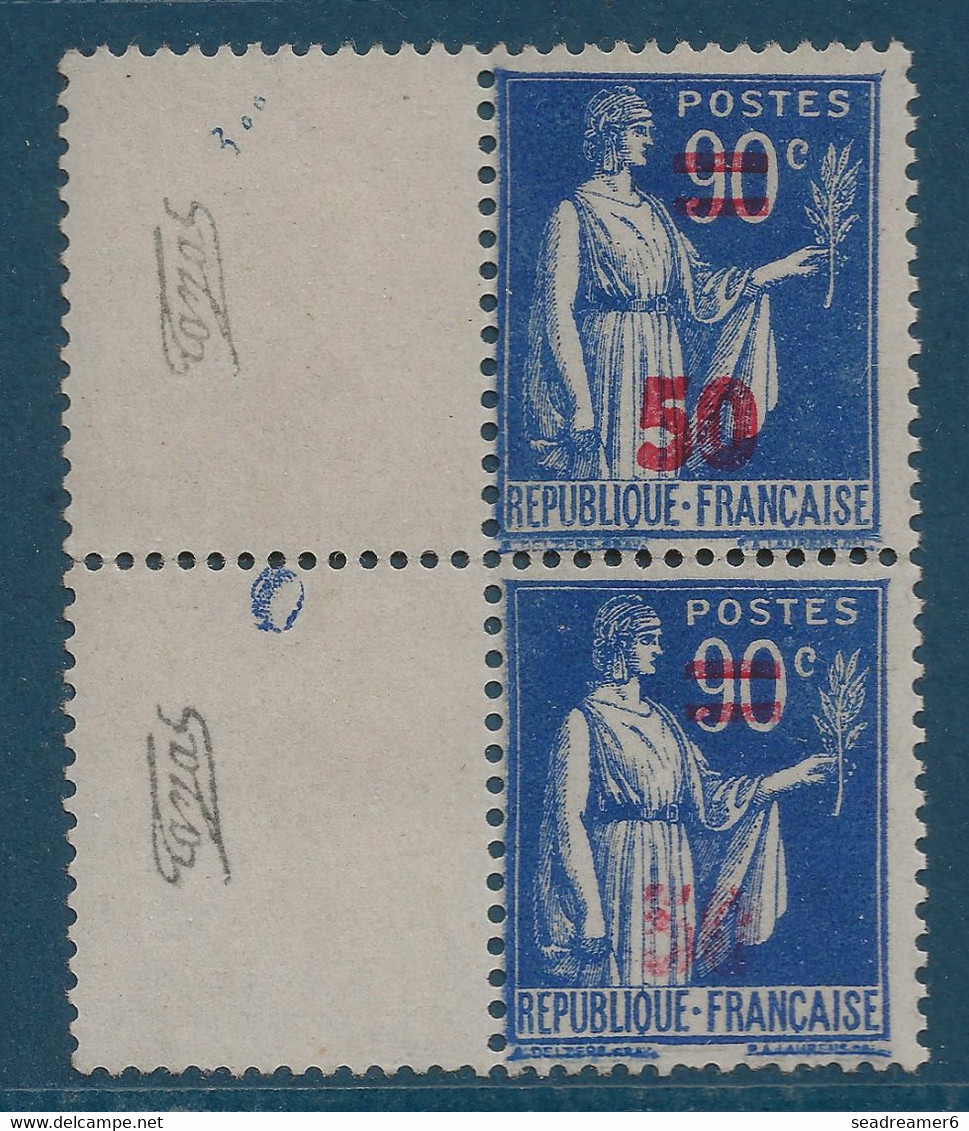 France Type Paix N°482** 50c/90c Bleu Surcharge Quasi éffacée Tenant à Normal TTB Signé Calves - 1932-39 Vrede