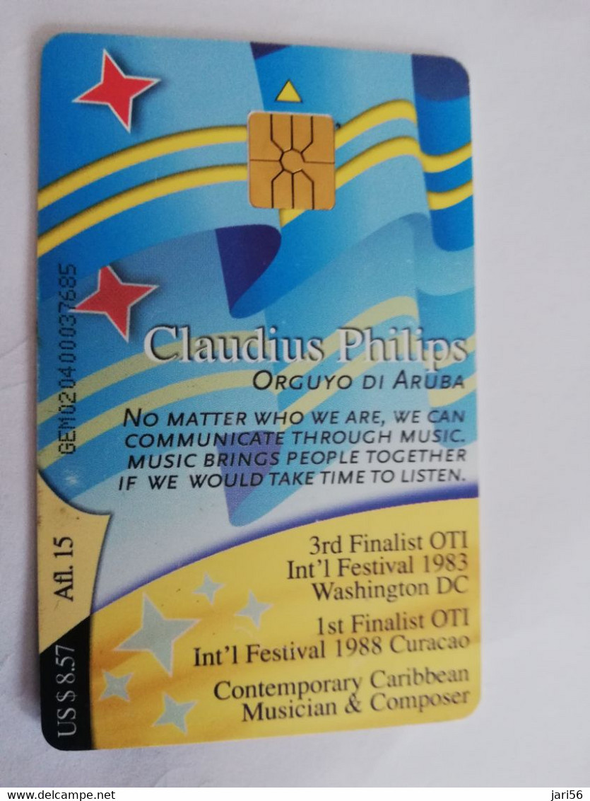 ARUBA CHIP  CARD   SETAR ORGUYO DI ARUBA  CLAUDIUS PHILIPS     AFL 15,00   Fine Used Card  **6701** - Aruba