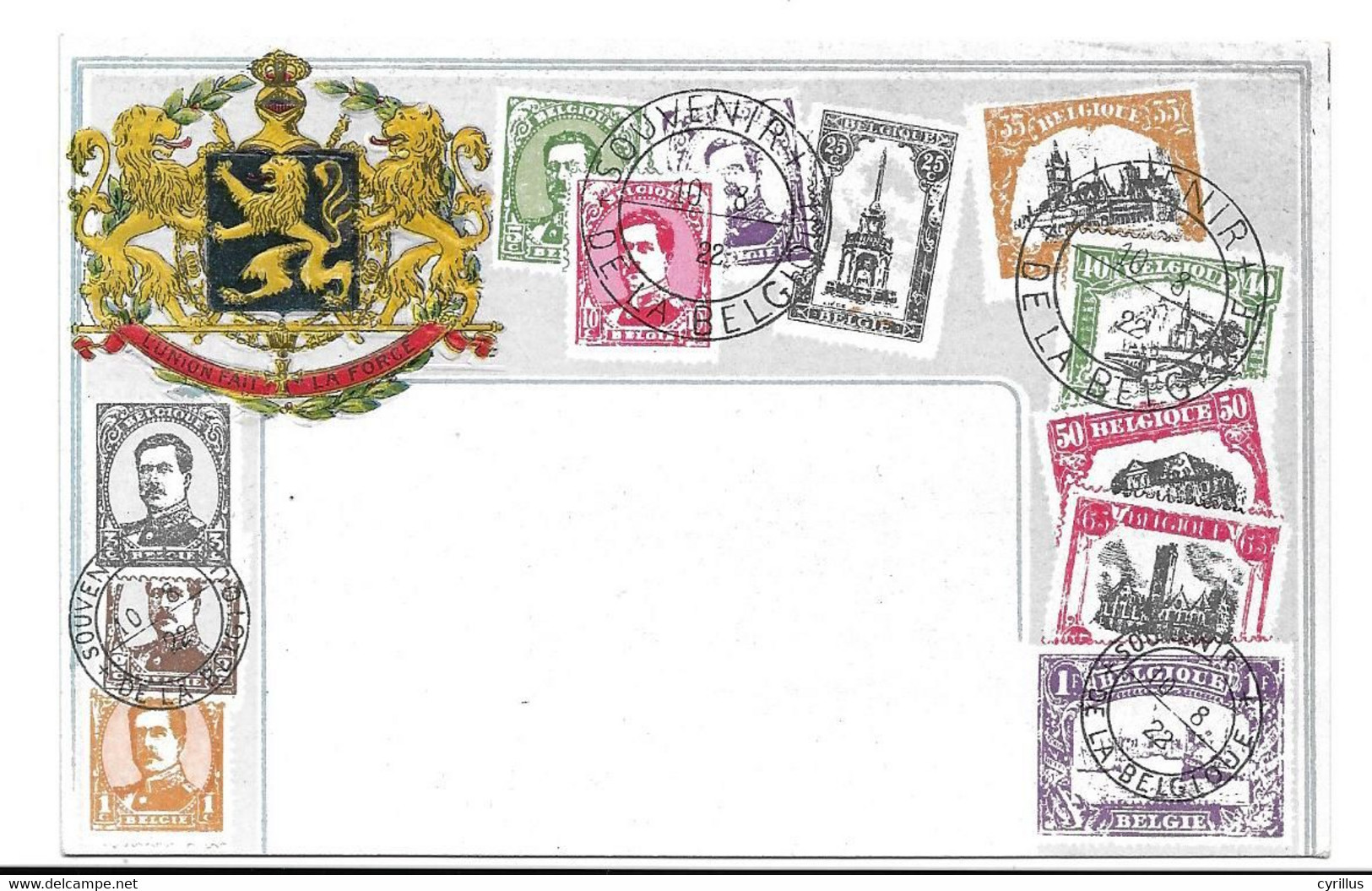 SOUVENIR DE BELGIQUE / Blason L ' Union Fait La Force / Carte Gaufrée / Représentation De Timbres - Timbres (représentations)