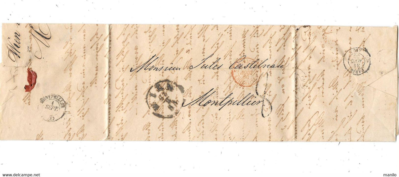 LAC 1860  De WIEN (VIENNE) Autriche -  Marque D'Entrée Rouge Orangé  ERQUELINES > PARIS > MONTPELLIER    4 C.A.D. - Entry Postmarks