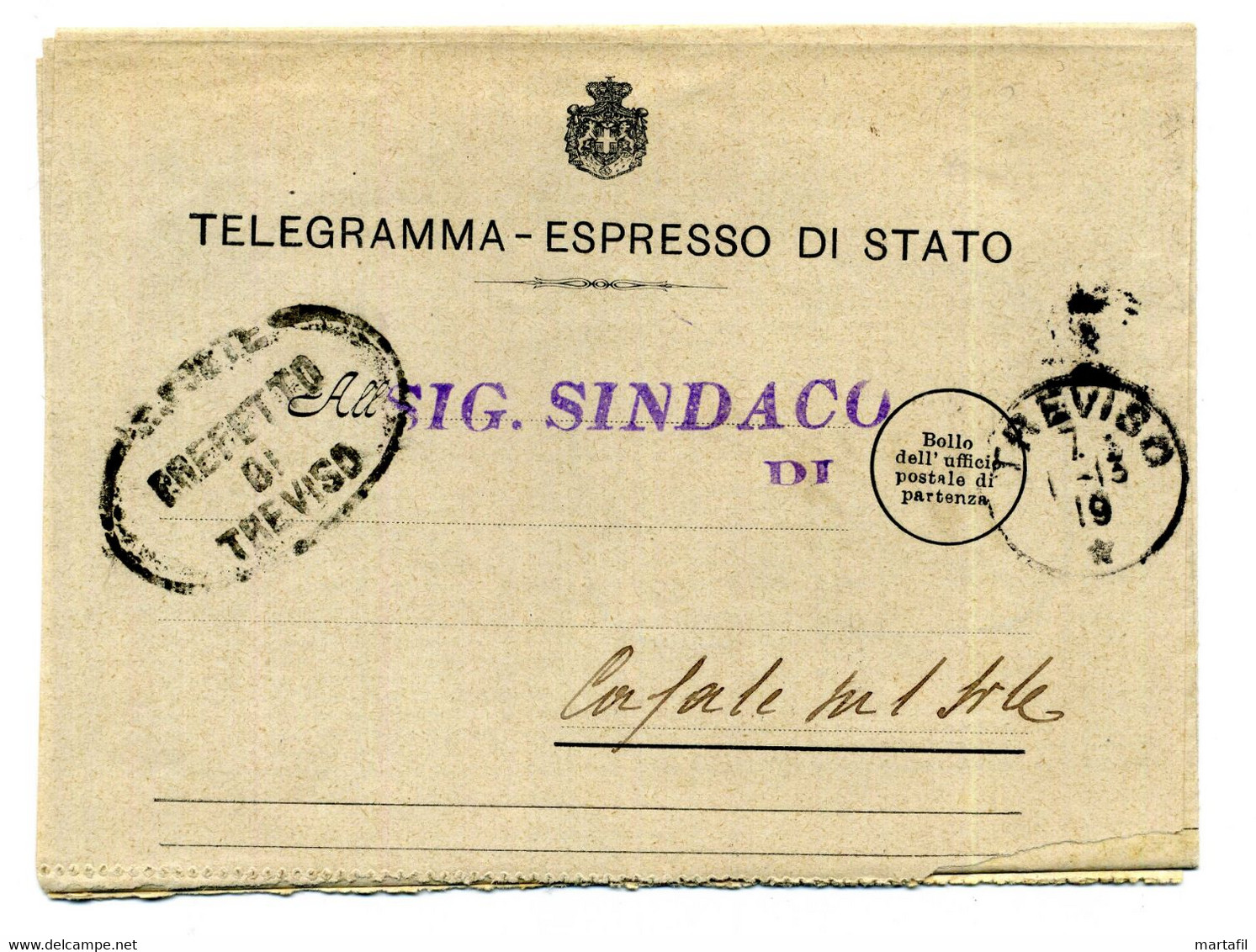 1919 Telegramma MINISTERO DELL'INTERNO Prefetto Di Treviso - AMB. BELLUNO-VENEZIA - Franquicia