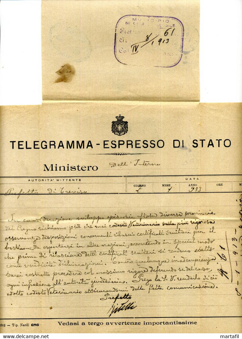 1919 Telegramma MINISTERO DELL'INTERNO Prefetto Di Treviso - AMB. BELLUNO-VENEZIA - Franchigia