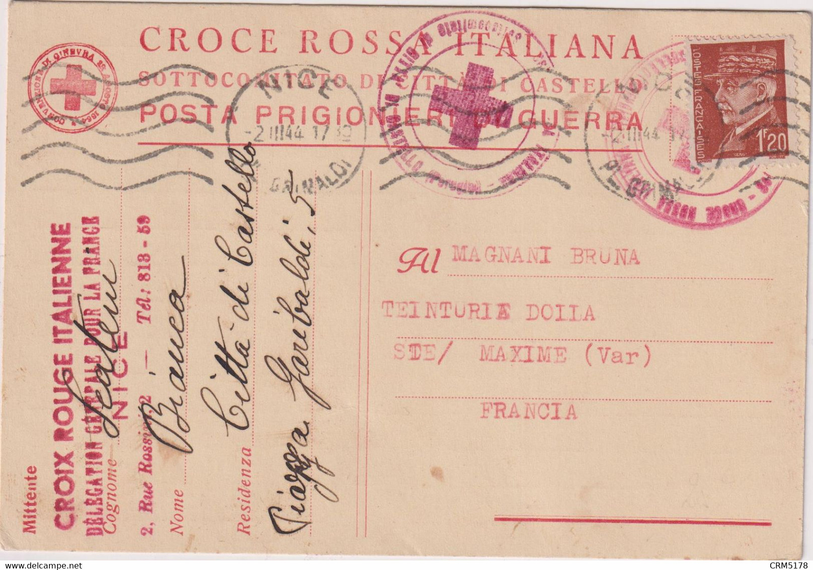 FRANCE-CP CROIX ROUGE ITALIENNE POUR LES PRISONNIERS DE GUERRE-DELEGATION FRANCAISE DE NICE 1944 - Cruz Roja