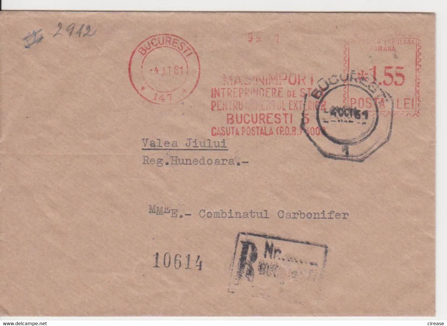 PLANT MASINIMPORT RED MACHINE STAMPS AMOUNT 1,55 LEI BUCURESTI ROMANIA 1961 - Maschinenstempel (EMA)