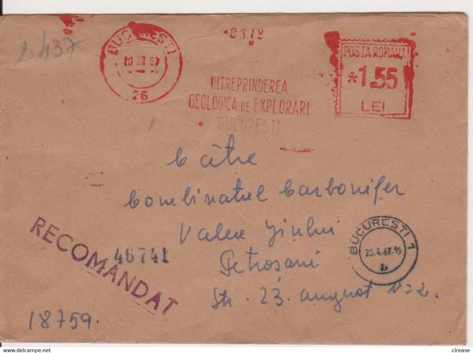 PLANT GEOLOGY RED MACHINE STAMPS AMOUNT 1,55 LEI BUCURESTI ROMANIA 1967 - Maschinenstempel (EMA)