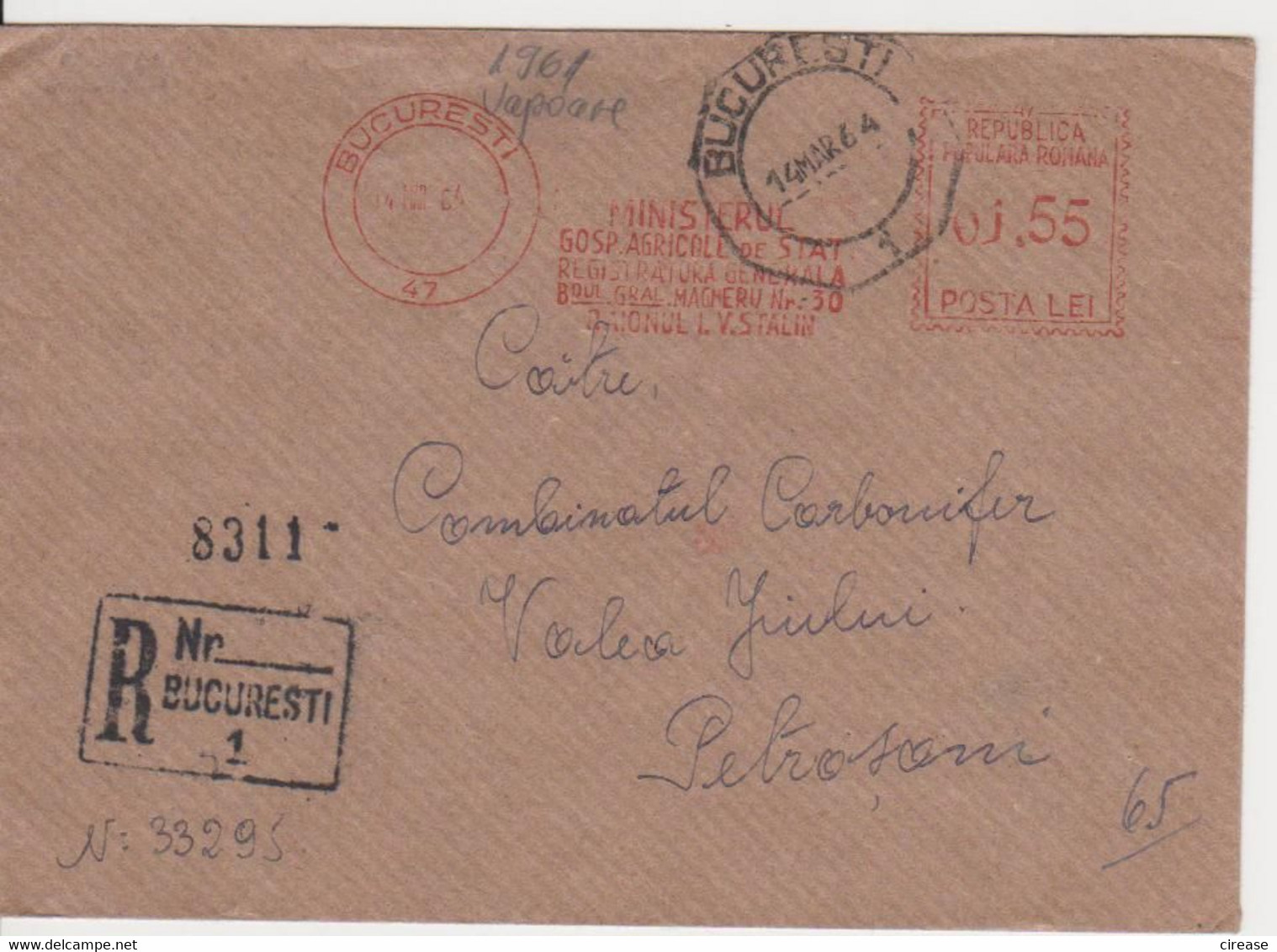 MINISTERUL GOSPODARIEI AGRICOLE RED MACHINE STAMPS AMOUNT 1,55 LEI BUCURESTI ROMANIA 1964 - Franking Machines (EMA)