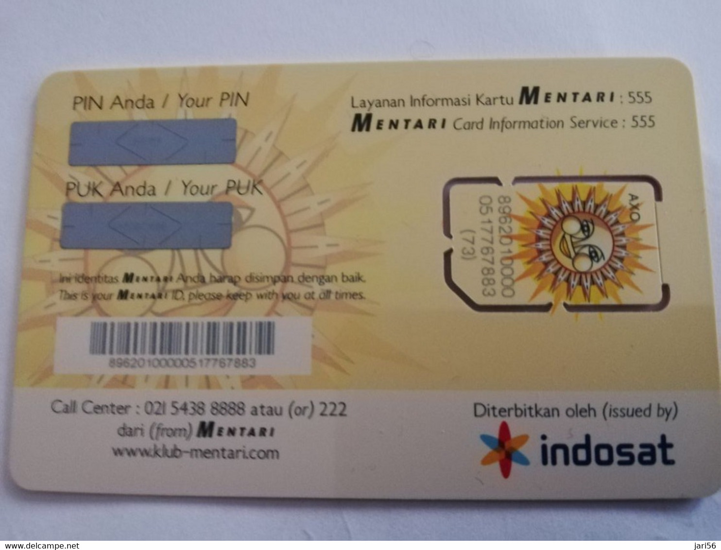 INDONESIA  GSM PREPAID/ CHIP CARD MENTARI  WITH BARCODE+ PIN + PUCK CODE   INDOSAT  MINT CARD    **6740 ** - Indonésie