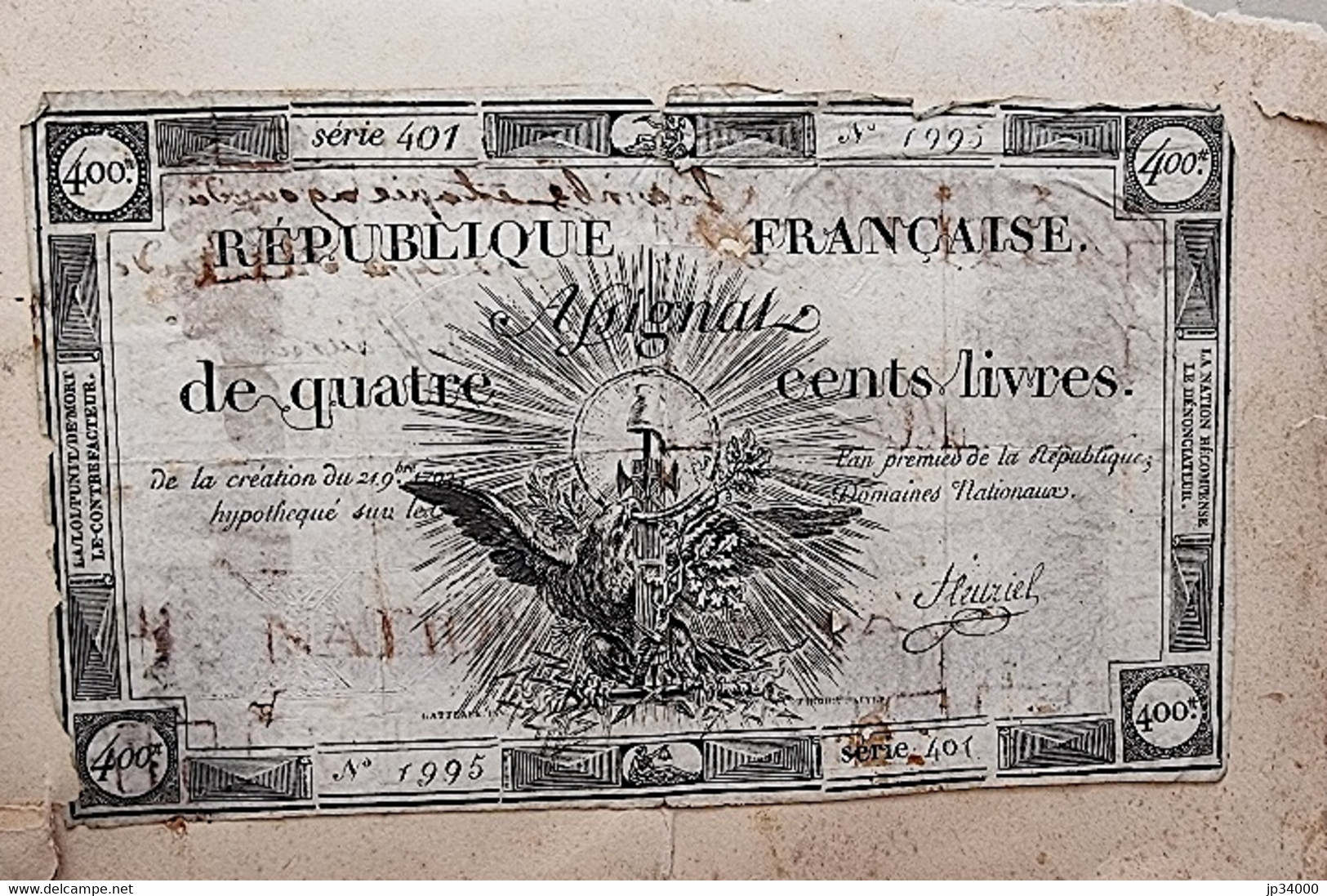 Assignat 400 Livres. Du 21 Novembre 1792. An Premier De La République.Signé Fleuriel - Zonder Classificatie