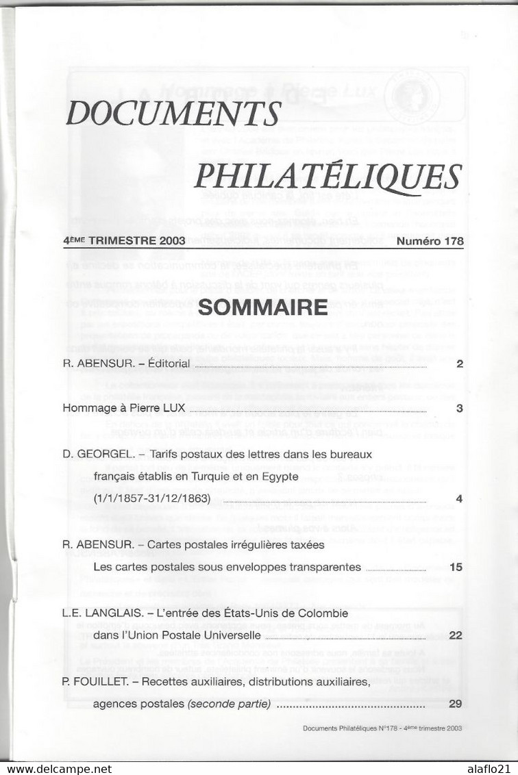 LIVRE - DOCUMENTS PHILATELIQUES N° 178 Année 2003 - REVUE De L'ACADEMIE De PHILATELIE - Filatelia E Storia Postale