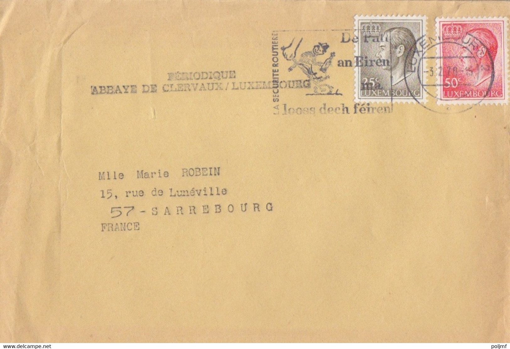 Lettre Obl. Flamme Sécurité Routière Luxembourg Le 3/2/70 Sur 660, 661 (G Duc Jean), Périodique Abbaye Clervaux - Machines à Affranchir (EMA)