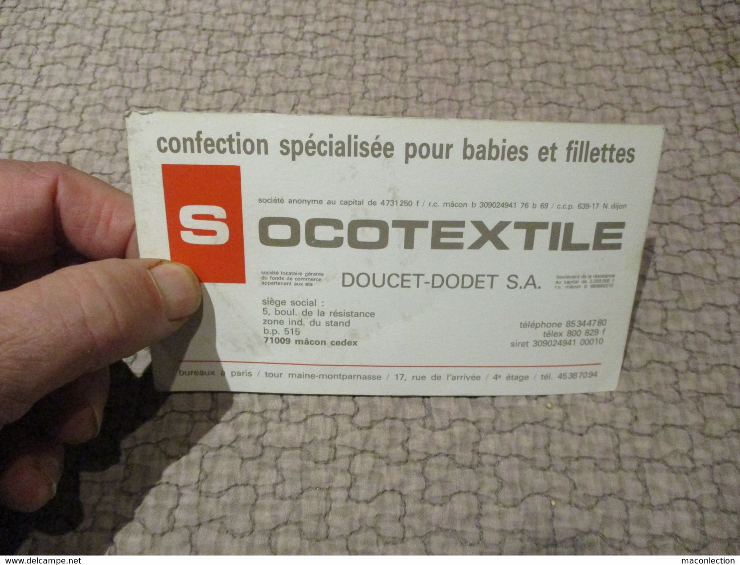 Ancienne Petite Carte Commerciale Doucet Dodet SOCOTEXTILE à Mâcon - Macon