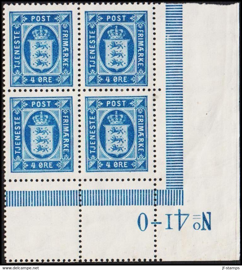 1916. DANMARK TJENESTE FRIMÆRKE (OFFICIAL) 4 øre PERF. 14X14½. LUXUS 4-BLOCK With Lower Margi... (Michel D13) - JF513794 - Officials