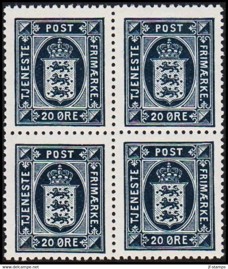 1920. Official. 20 Øre. Perf. 14x14½, LUXUS 4-BLOCK. 2 Never Hinged And 2 Hinged Stamps.  (Michel D19) - JF513797 - Service
