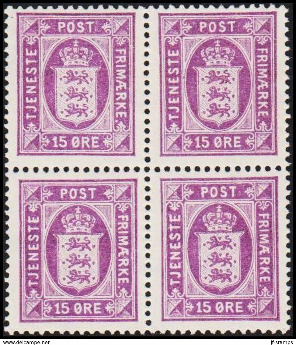 1919. Official. 15 Øre. Perf. 14x14½, LUXUS 4-BLOCK. 2 Never Hinged And 2 Hinged Stamps.  (Michel D18) - JF513798 - Service