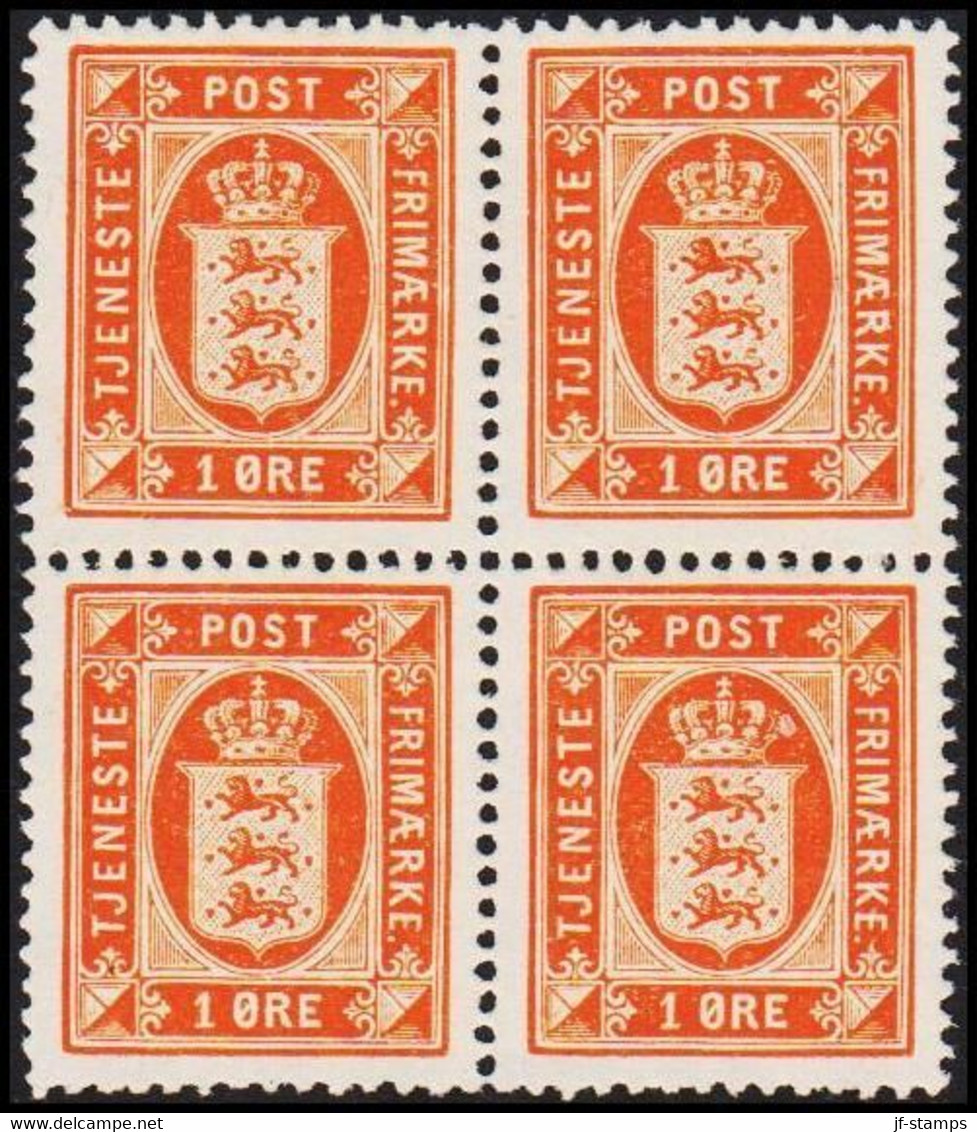 1914. Official. 1 Øre. Perf. 14x14½, LUXUS 4-BLOCK. 2 Never Hinged And 2 Hinged Stamps.  (Michel D11) - JF513799 - Servizio