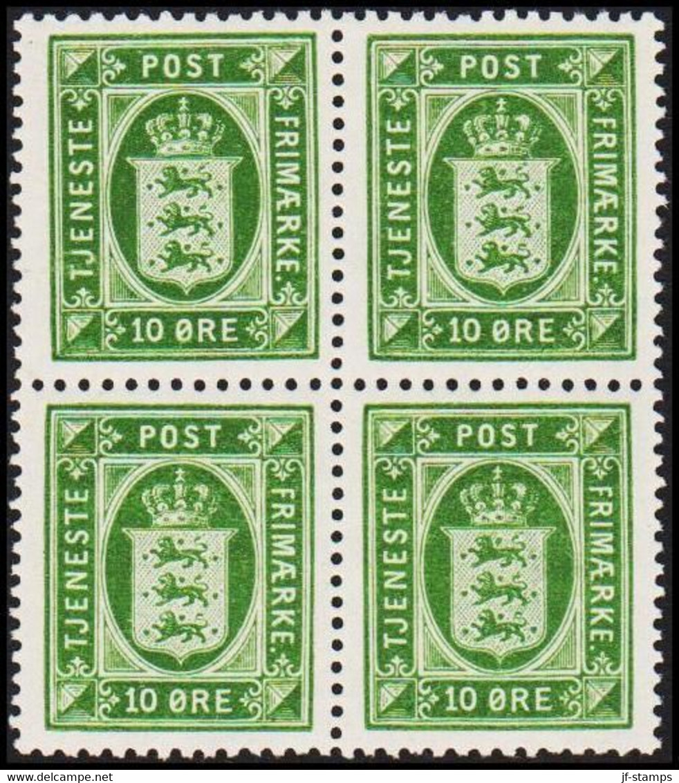 1921. Official. 10 Øre. Perf. 14x14½, LUXUS 4-BLOCK. 2 Never Hinged And 2 Hinged Stamps.  (Michel D17) - JF513800 - Service