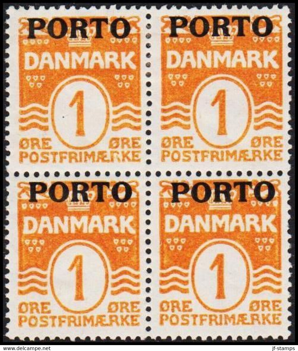 1921. DANMARK. Postage Due. Porto. Wavy-line. 1 Øre Orange In 4-BLOCK. 2 Stamps Never Hinged +... (Michel P1) - JF513804 - Port Dû (Taxe)