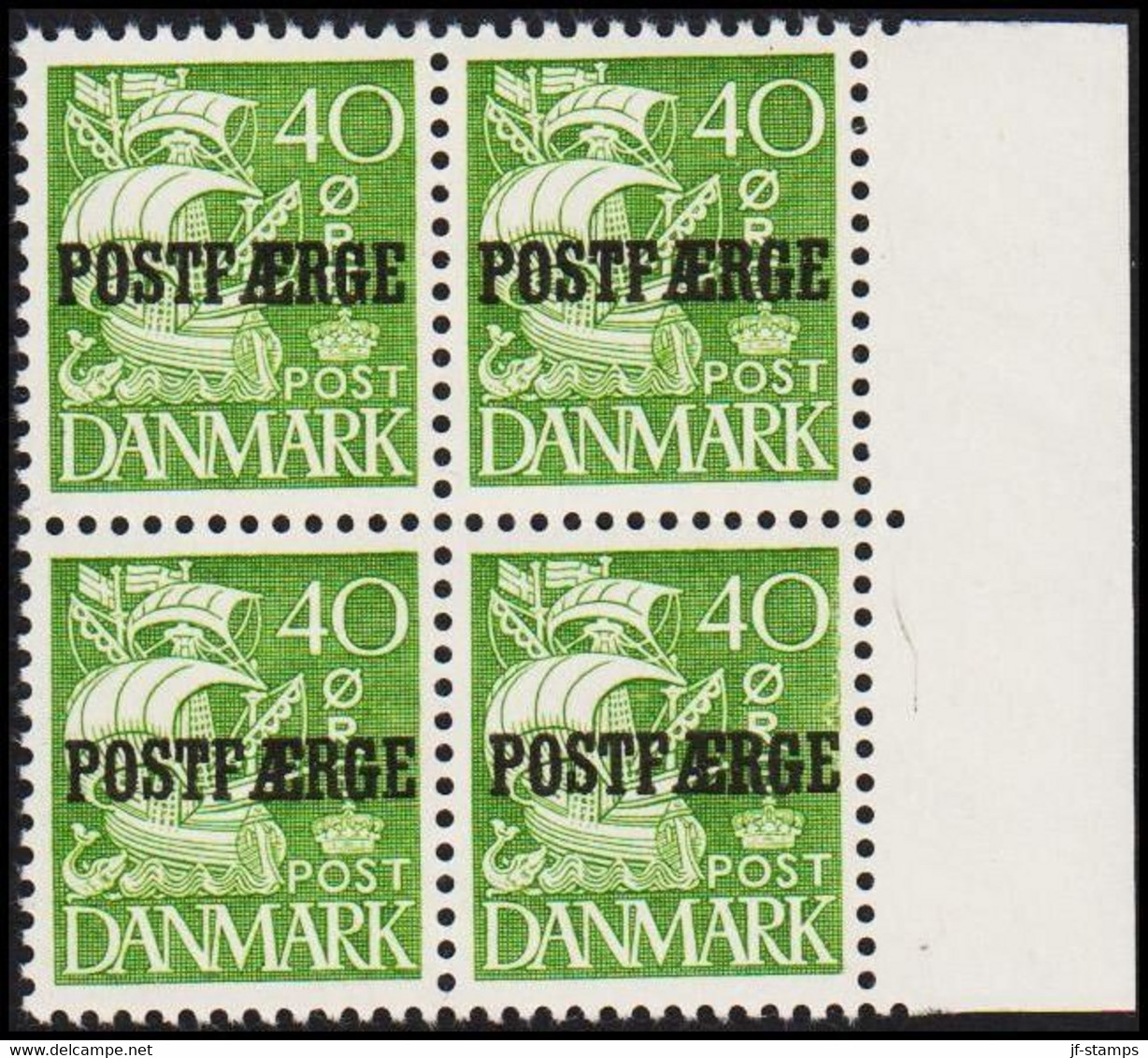 1936. DANMARK.  Parcel Post (POSTFÆRGE). Karavel. 40 Øre 4-BLOCK  Never Hinged. Plate I.  (Michel PF19 I) - JF513826 - Pacchi Postali