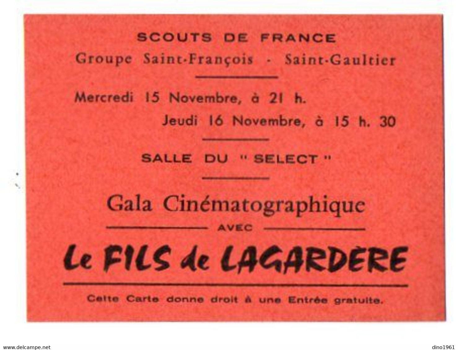 VP18.771 - SAINT GAULTIER 1952 - Carte / Ticket - Scouts De France / Gala Cinématographique / Film: Le Fils De Lagardère - Tickets - Vouchers