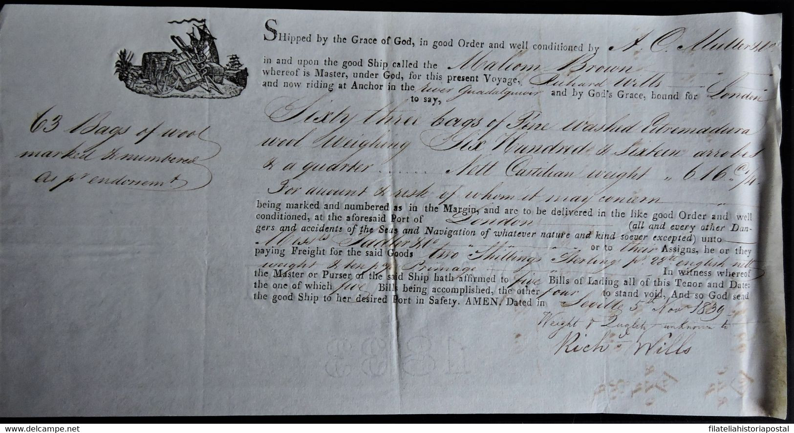 1665 REGISTRO DE EMBARQUE SHIPPED LONDON GREAT BRITAIN SEVILLA SPAIN ESPAÑA 1839 WOOD - España