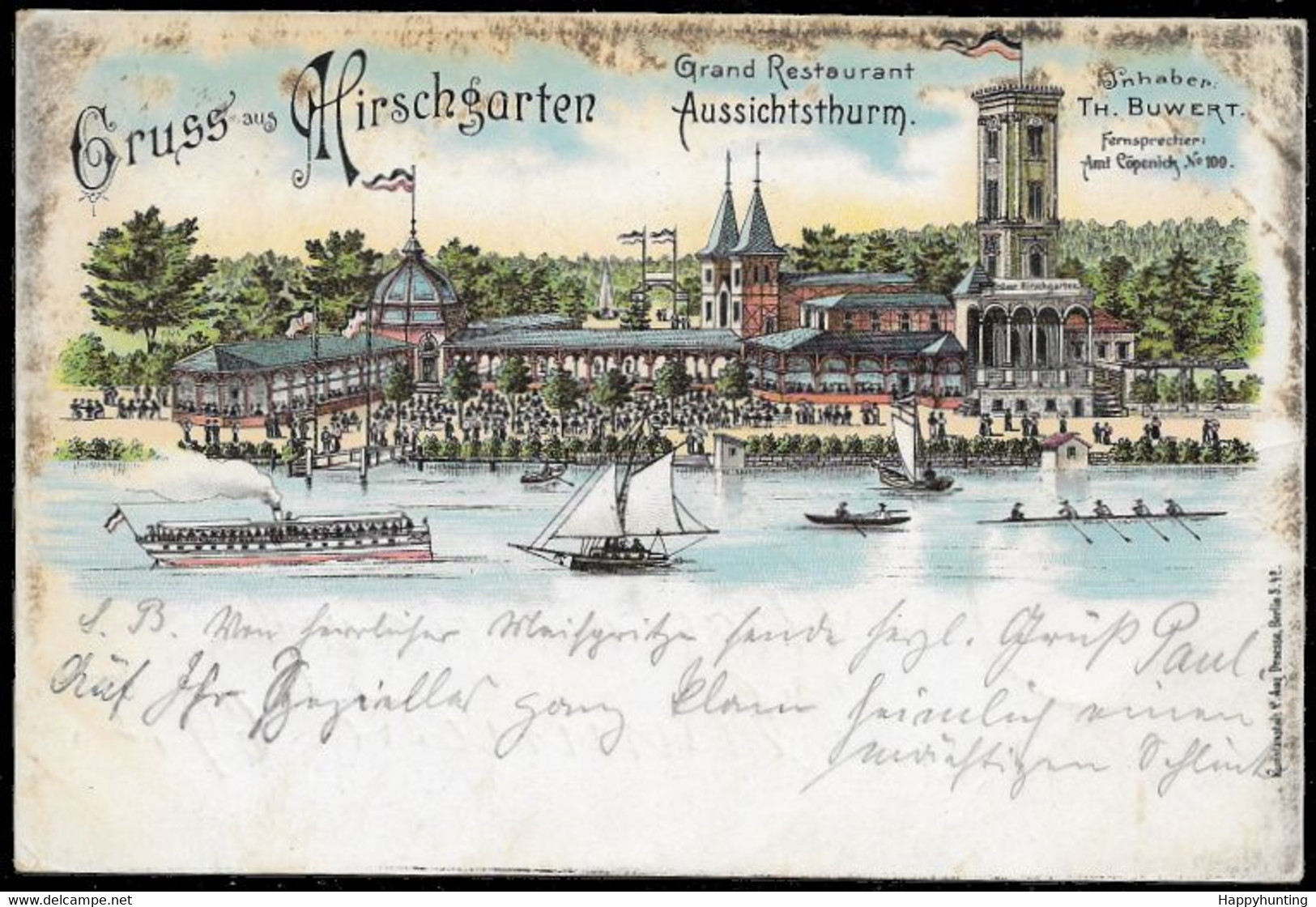 1899 LITHO AK – AK GRUSS AUS HIRSCHGARTEN. GRAND RESTAURANT AUSSICHTSTHURM– Gelaufen - Koepenick