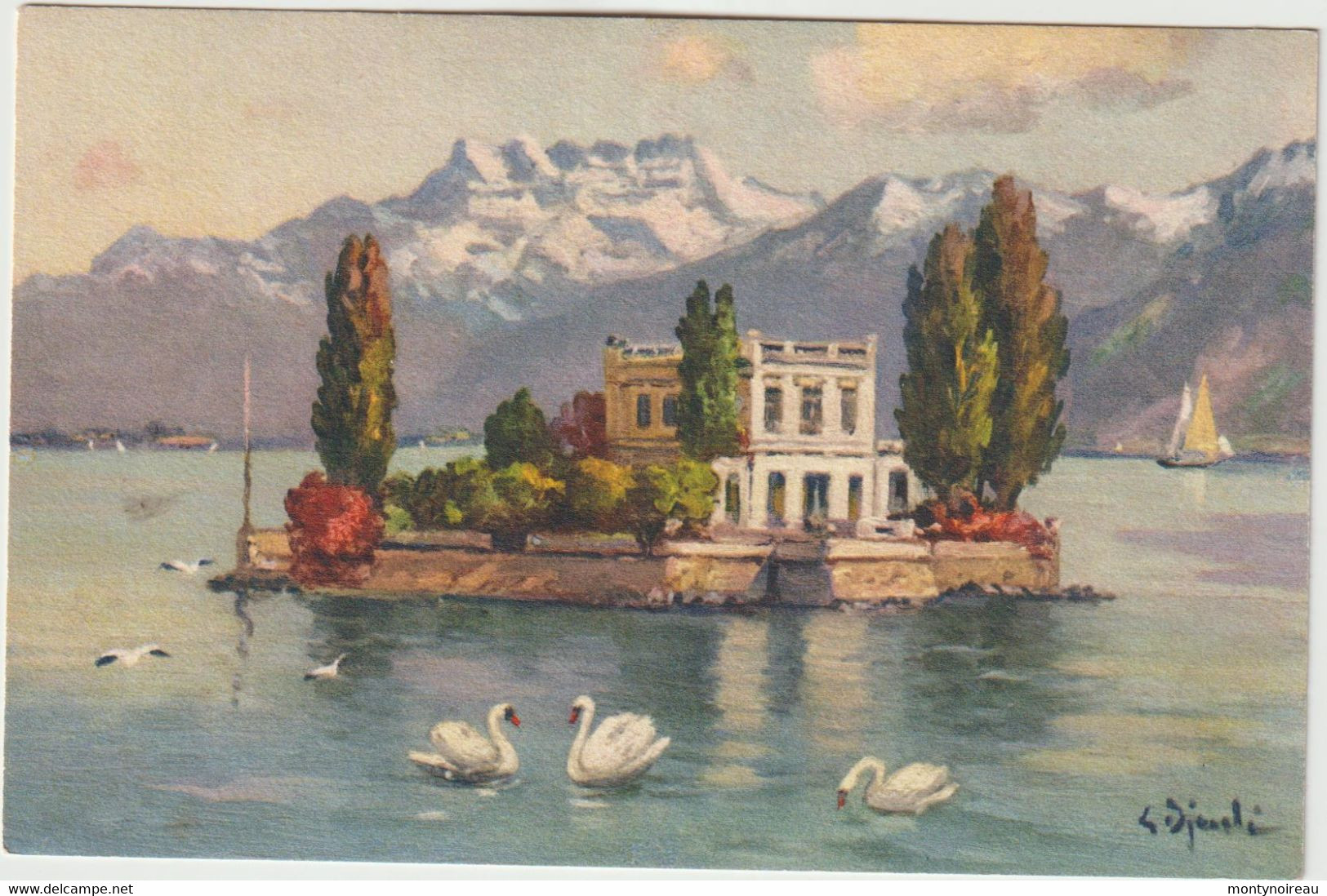 Suisse :  Ile D E Salagnon Et Dents Du Midi , Cygne , Illustrateur - Agno