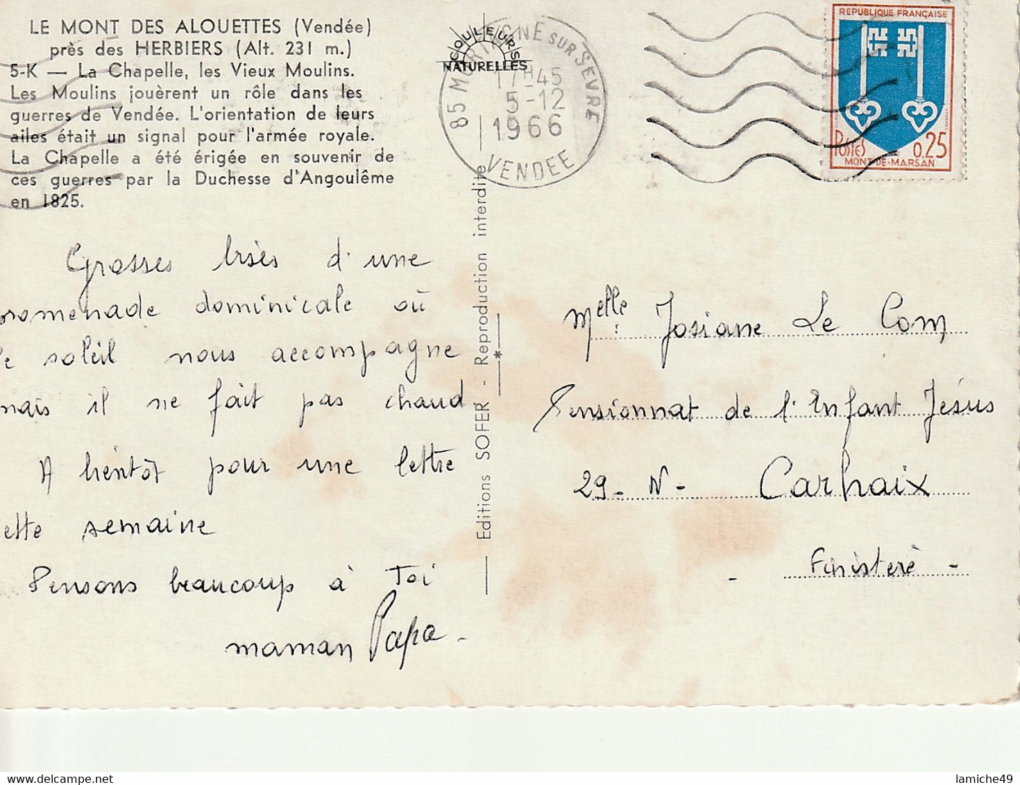 LE MONT Des ALOUETTES (231 M.) Près Les HERBIERS (Vendée) Moulins Chapelle TIMBRE 1966 - Les Herbiers