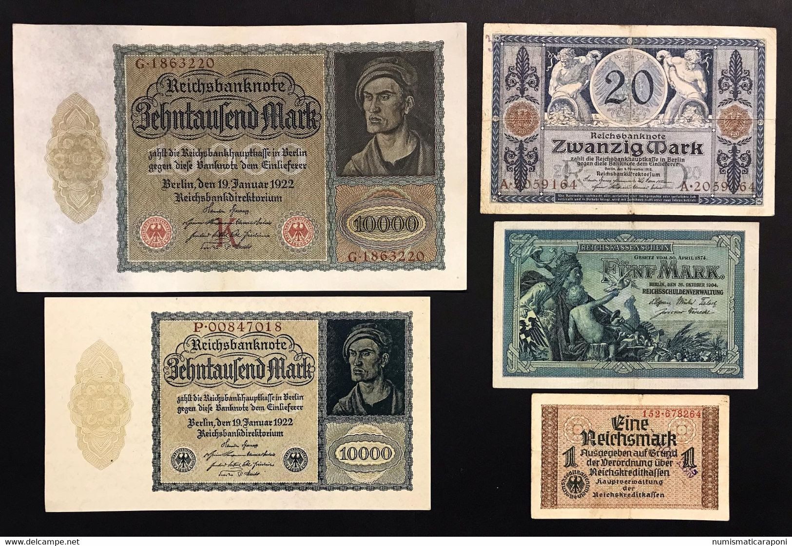 Germany Germania 1 + 5 + 20 + 10000 + 10000 Mark 1904 - 1915 - 1922  - 1945  LOTTO 3684 - Collections