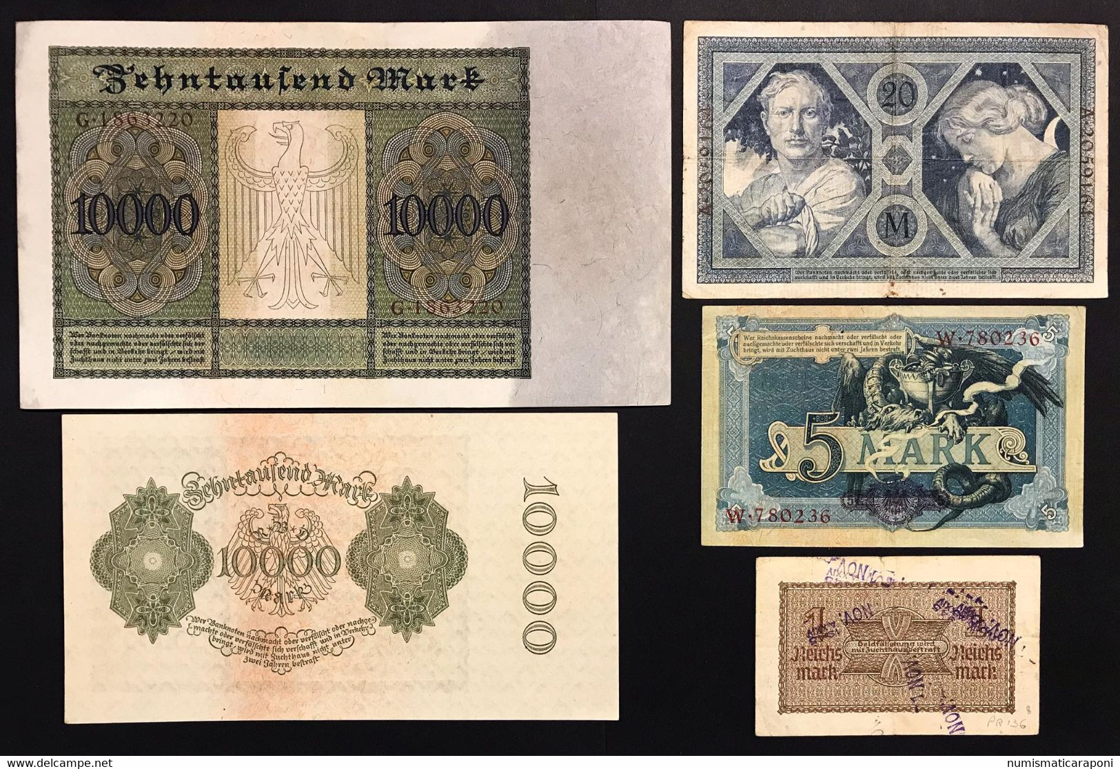 Germany Germania 1 + 5 + 20 + 10000 + 10000 Mark 1904 - 1915 - 1922  - 1945  LOTTO 3684 - Colecciones