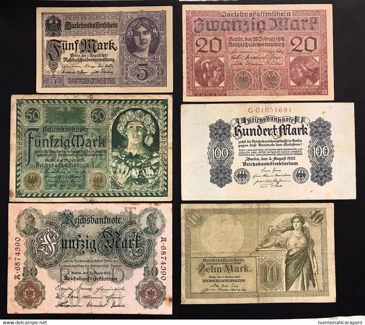 Germany Germania  5 + 10 + 20 + 50 + 100 Mark 1906 - 1910 - 1917 - 1918  - 1920 - 1922  LOTTO 2037 - Collections