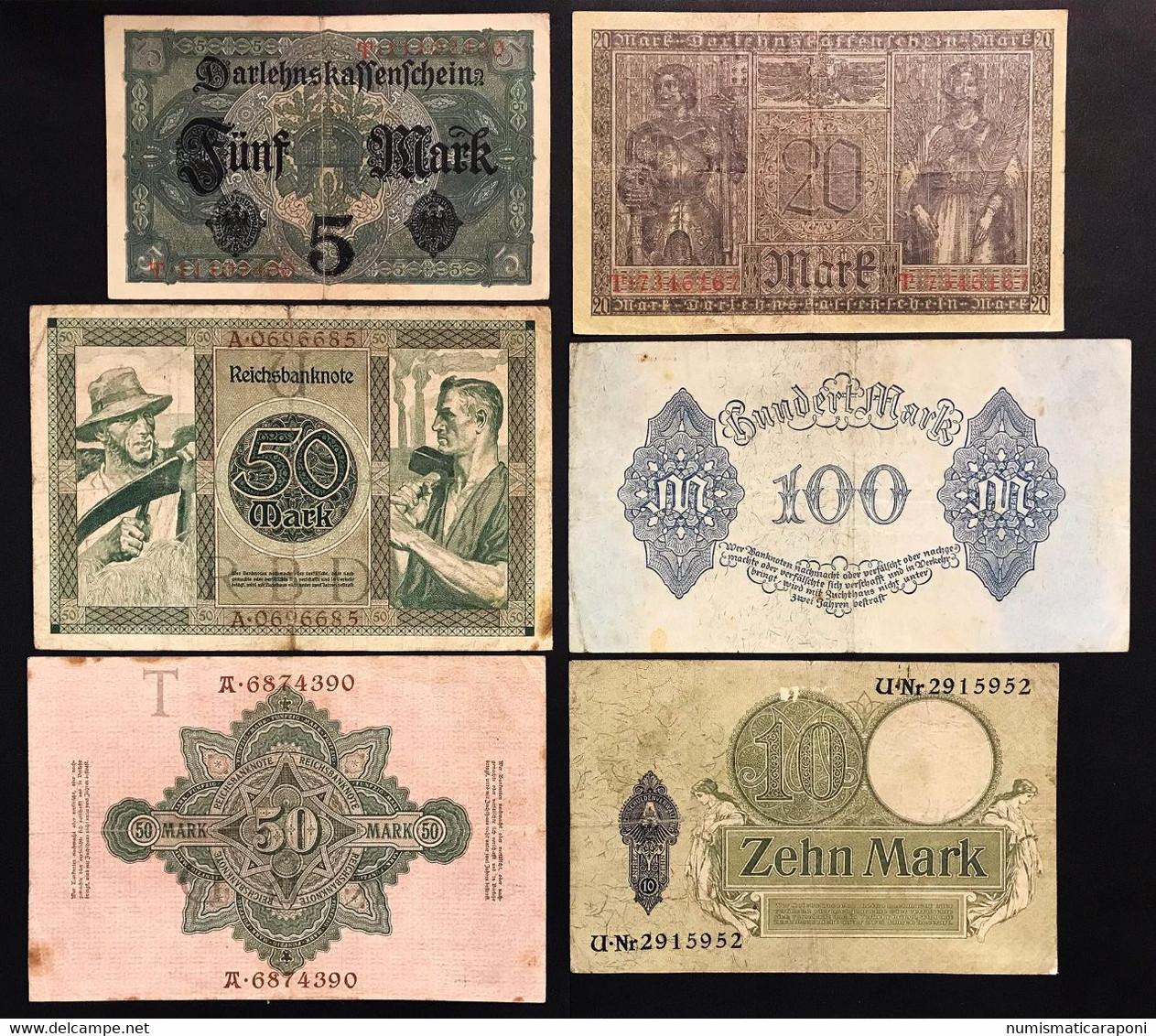 Germany Germania  5 + 10 + 20 + 50 + 100 Mark 1906 - 1910 - 1917 - 1918  - 1920 - 1922  LOTTO 2037 - Collections