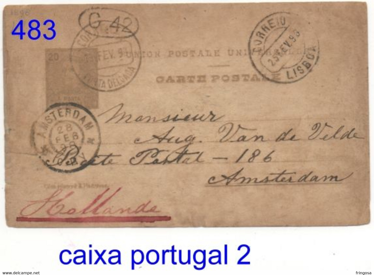 PONTA DELGADA TO AMSTERDAM 1898: INTEIRO POSTAL 20 REIS - Ponta Delgada