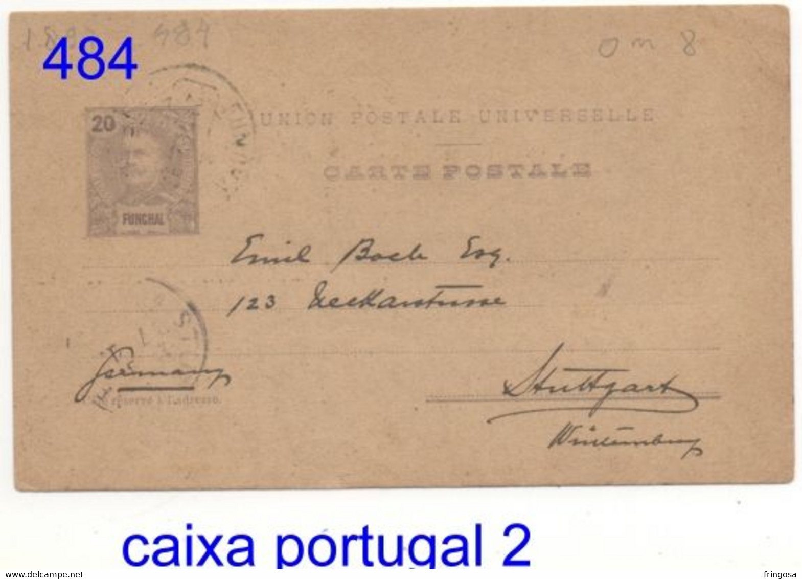 FUNCHAL TO STUTTGART 1897: INTEIRO POSTAL 20 REIS - Funchal