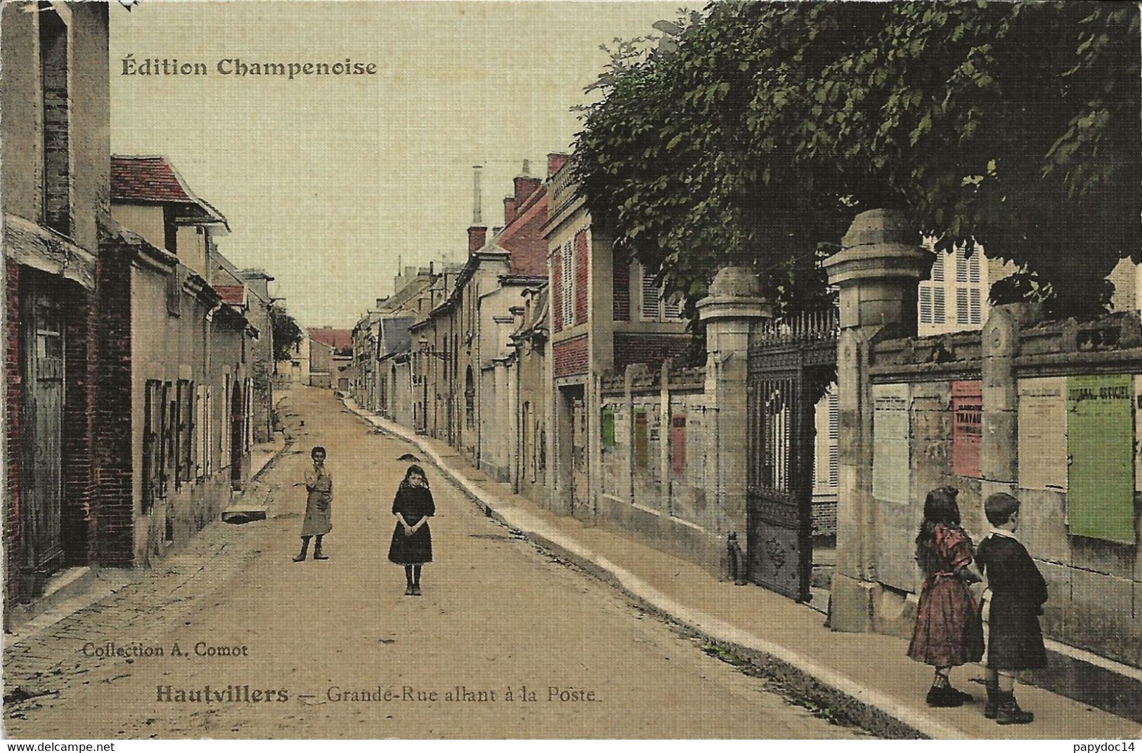 HAUTVILLERS 51   /   Edition Champenoise   /  Grande Rue Allant à La Poste  ( CPA D' Aspect Toilé En Couleurs Vers 1908) - Autres & Non Classés