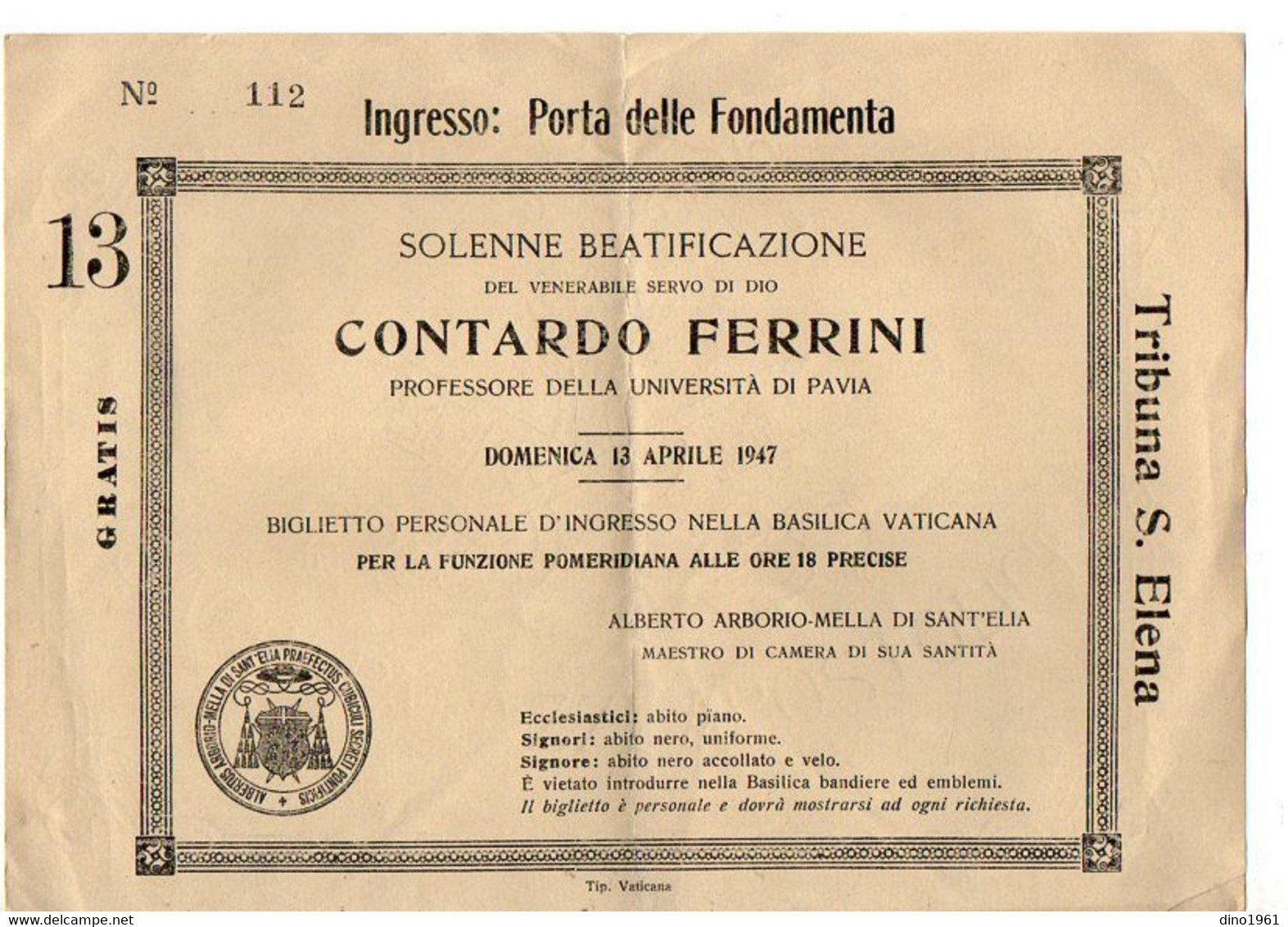 VP18.777 - ROMA / VATICANO 1947 - Biglietto - Solenne Beatificazione Del ¨ CONTARDO FERRINI ¨Professore ...PAVIA - Religione & Esoterismo