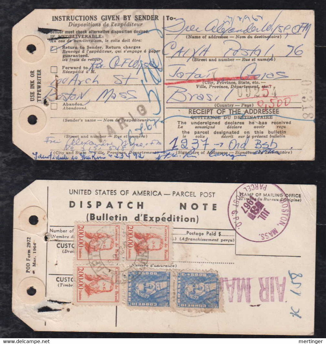 Brazil Brasil 1967 VARIG Airmail Bulletin De Expedition Parcle Tag BOSTON USA To JATAI Goias Tesouraria PM - Airmail (Private Companies)